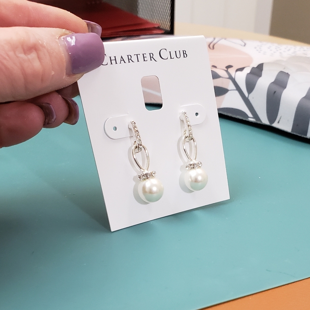 Charter Club, NWT, Silver tone pearl drop dangle jeweled pierced earrings - Picture 9 of 10